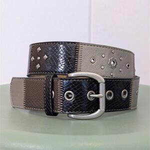 Vintage y2k patchwork faux leather studded grommet belt